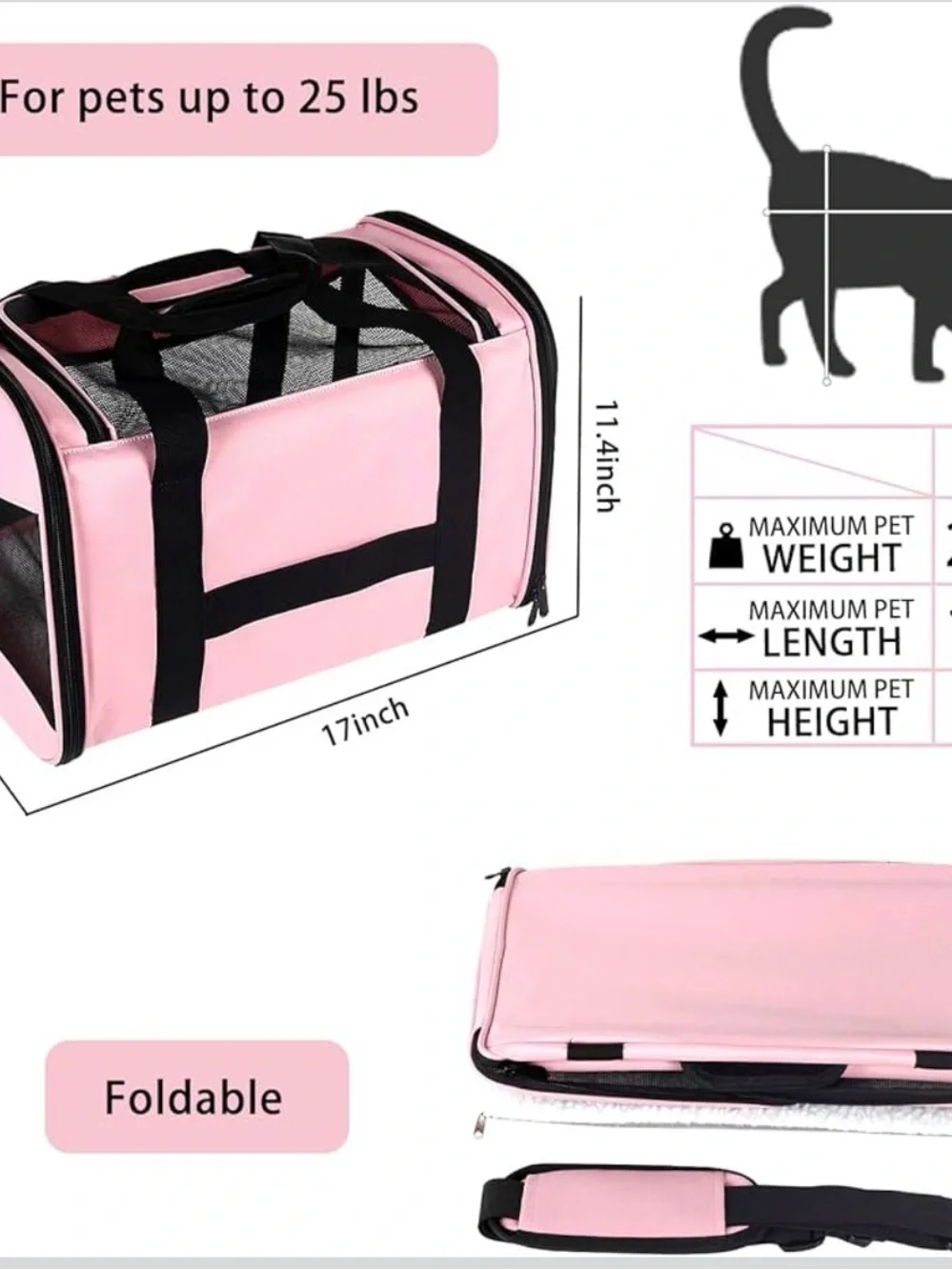 Portable Pink Soft-Sided Cat & Small Pet Carrier with Mesh Panels